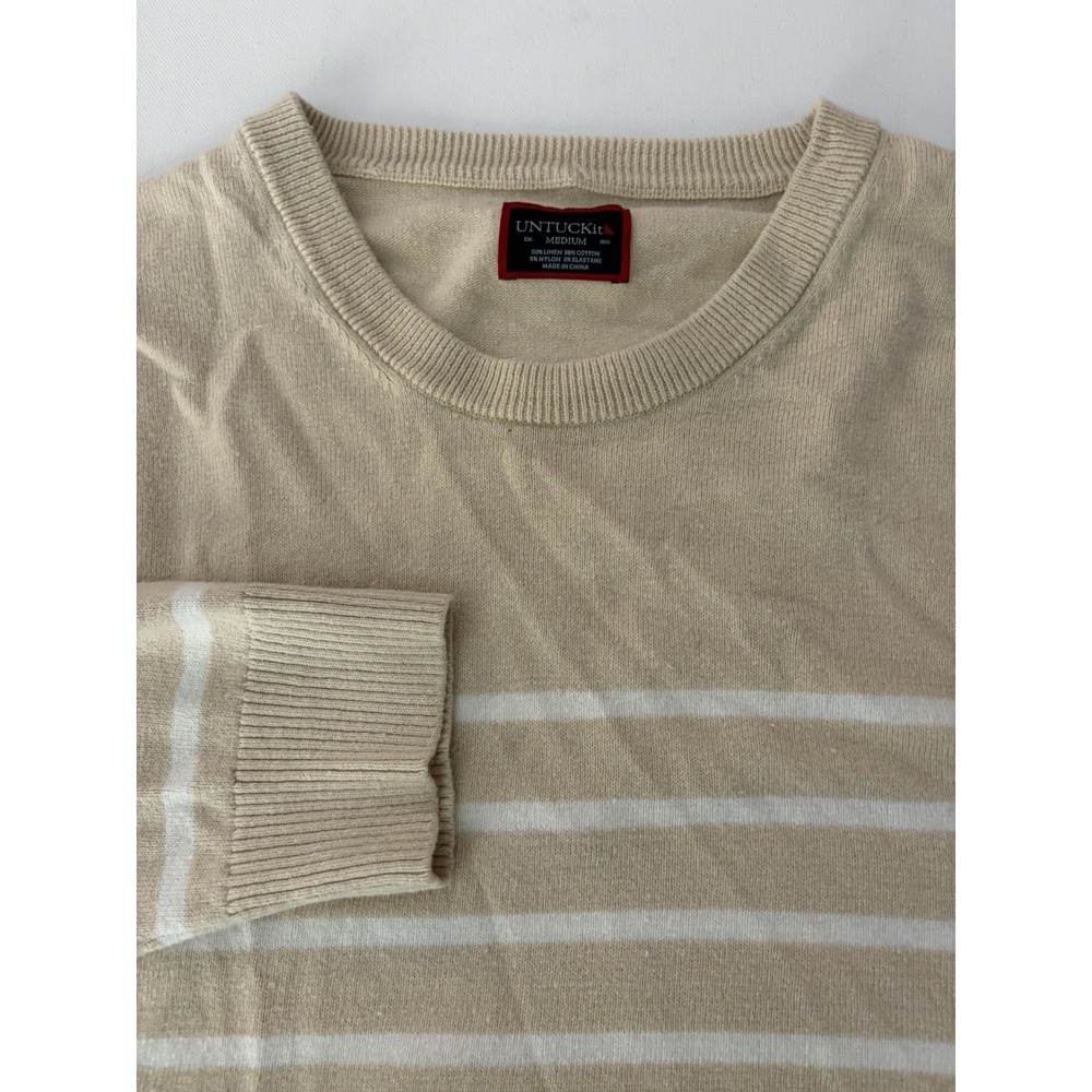 UNTUCKit Wilburn Sweater Mens Medium Tan White Stripe Crew Neck Pullover 41093